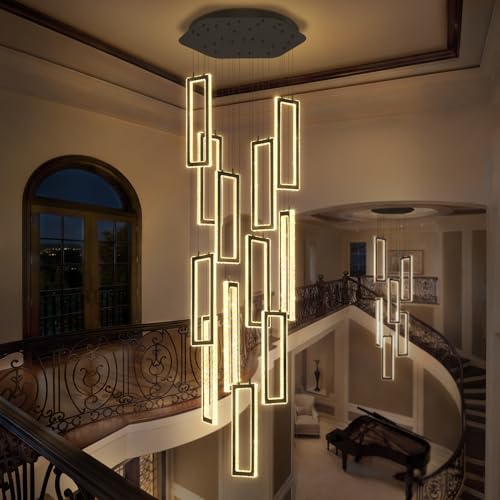 H158 Modern Chandelier 12 Rings Black Chandelier Lighting Fixture High Ceiling Chandelier Suitable for Living Room Staircase Villa