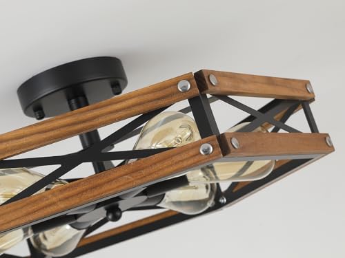 6 Light Large Rustic Farmhouse Wood Flush Mount Ceiling Light Fixture 20 inch Oak Wood and Metal Cage Semi Flush Mount Ceiling Light for Hallway Entry Farmhouse Bedroom Living Room