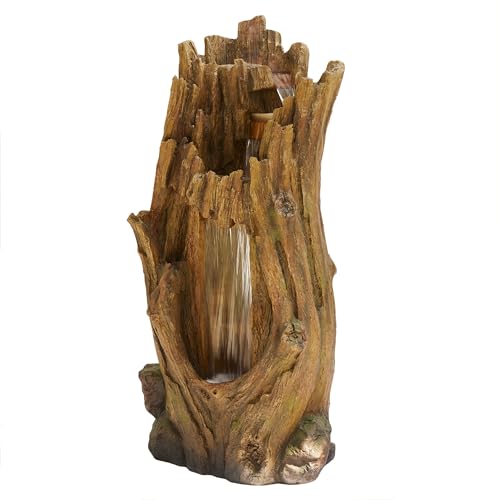 TZL338 Outdoor 3 Tier Waterfall Tree Trunk Floor Fountain with LED Lights for Patio