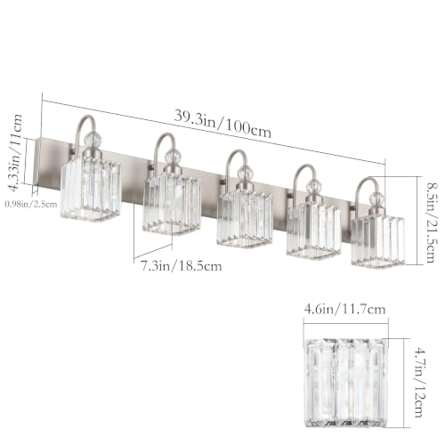 Brushed Nickel Bathroom Vanity Light Crystal Modern 5 Light Bathroom Wall Lighting Fixtures Over Mirror