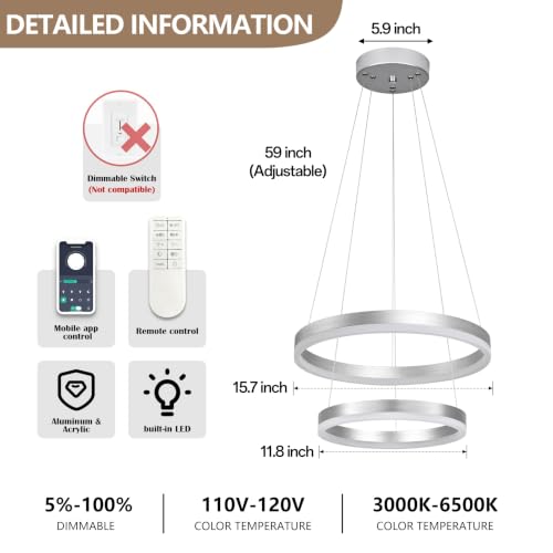 Modern Nickel Led Chandelier 2 Rings Dimmable LED Chandeliers with Remote Control Light Fixture for Kitchen Island Height Adjustable Chandelier Led Pendant Light for Living Room Dining Room