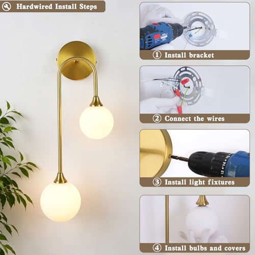 Mid Century Modern Wall Sconce Set of 2 Brushed Gold Milk Glass Sconces with Double Ball Hardwired Wall Light for Bedside Bedroom Bathroom Living Room Corridor G9 Base
