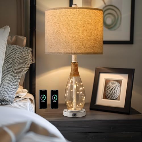 23" USB A+C Table Lamp for Bedroom Living Room Modern Bedside Lamps Retro Farmhouse Rattan Glass Nightstand Nightlight Lamps
