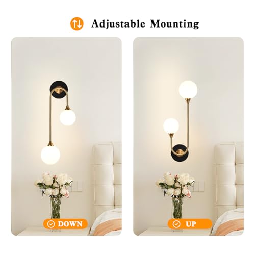 Mid Century Modern Wall Sconce Black and Gold Milk Glass Sconces with Double Ball Hardwired Wall Light for Bedside Bedroom Bathroom Living Room Corridor G9 Base