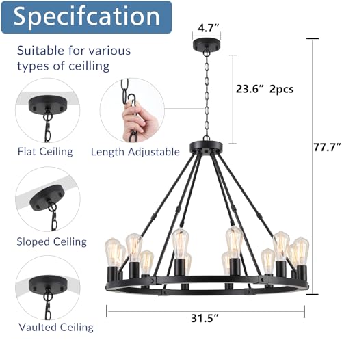 12 Lights Black Wagon Wheel Chandelier (12 Count)