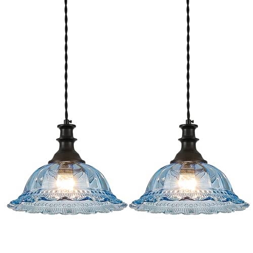 Glass Pendant Lights Modern Pendant Lighting Fixtures Hanging Lamp for Kitchen Island Bedroom Dining Room Coffee Shop Hallway Blue and Black 2 Pack (2 Count)