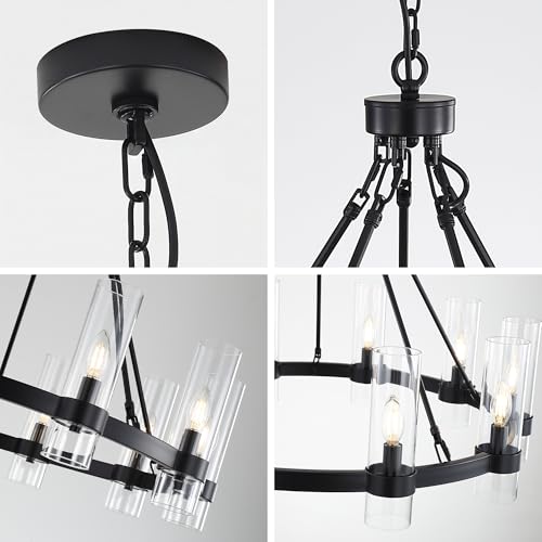 32 Inch Black Wagon Wheel Chandelier 10 Lights with Glass Shade