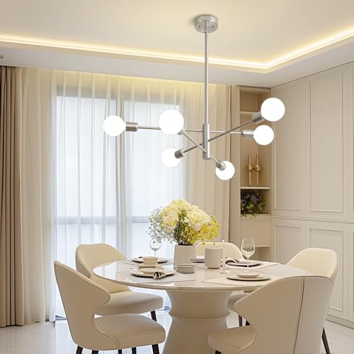 Chandeliers for Dining Room Brushed Nickel 6Light Modern Kitchen Chandelier | Sputnik Ceiling Light Fixture, UL Certified, E26 Base 60W Max, Height Adjustable, Dimmable Mid Century Style for Living Room