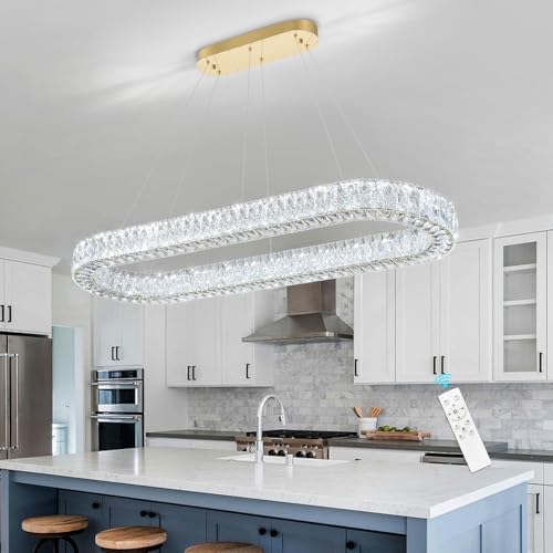 Modern Oval Crystal Chandelier for Dining Room Dimmable LED Chandeliers Rectangular Pendant Light Fixture with Remote for Living Room Kitchen Island Gold