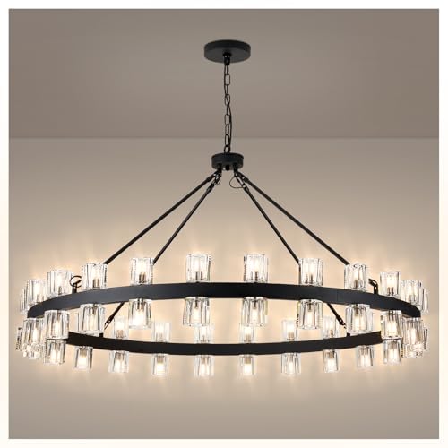 48 Inch Black Wagon Wheel Chandelier with Crystal Shade (48 Count)