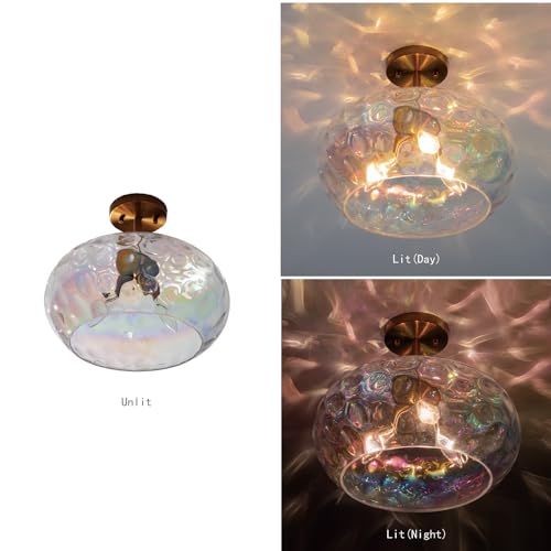 Brass Gold Semi Flush Mount Ceiling Fixture Large Hammered Glass Shade Modern Close to Ceiling Light 14" Art Lampshade for Hallway Foyer Bedroom
