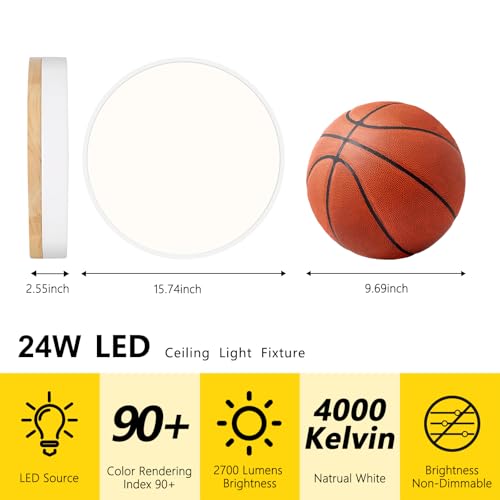 Modern Wood White Flush Mount Ceiling Light 15.75 Inch