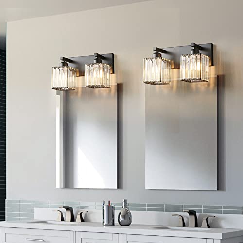 Modern 2 Light Black Crystal Bathroom Vanity Wall Light
