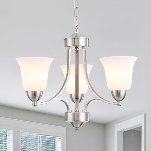 3 Lights Farmhouse Chandelier Brushed Nickel Modern Dining Room Light Fixture Silver Adjustable Ceiling Hanging Pendent Lighting with Frosted Glass for Kitchen Island