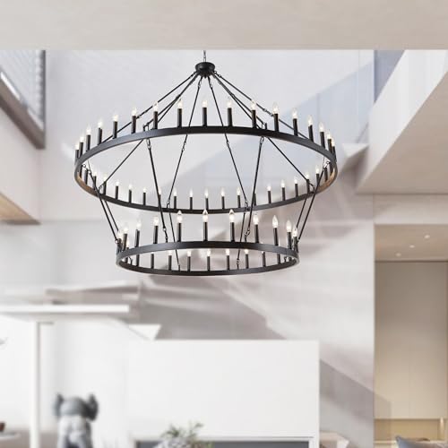 Rustic Farmhouse Wagon Wheel Chandelier Black Large Chandeliers for High Ceilings 2 Tier 64Lights 70 Inch for Dining Room Living Room Foyer Porch Kitchen Island