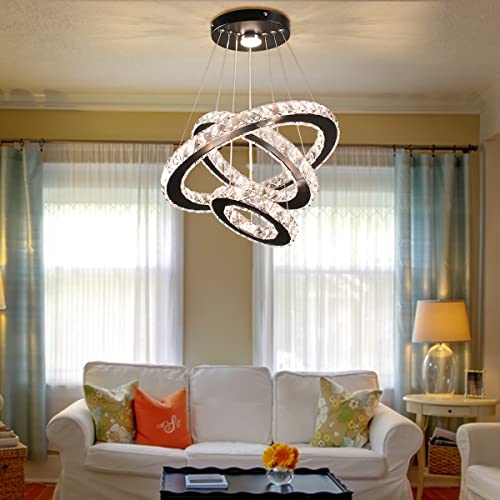 3 Ring Adjustable Height Crystal Chandelier Dimmable LED