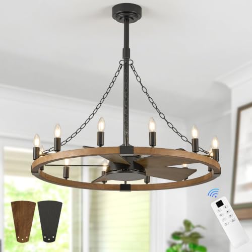 Oak Wooden Wagon Wheel Chandelier Fans 12