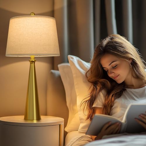 25.75" 3 Way Dimmable Touch Control Modern USB Table Lamp Set of 2 for Living Room Bed Room Bedside Nightstand Lamps Fabric Shade Vintage Accent Light Gold Antique Brass (2 Count)