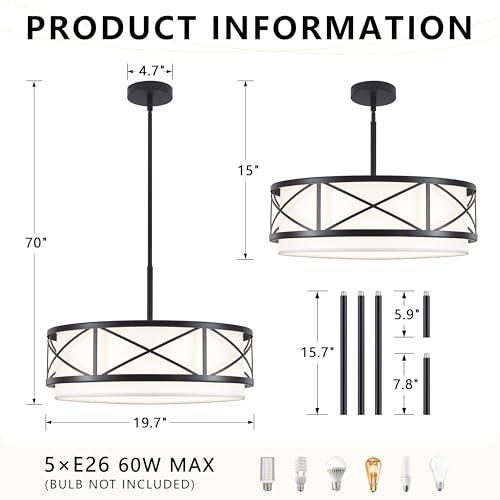 19.7" Modern Black Drum Chandelier (5 Count)