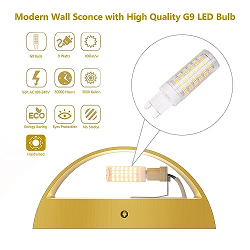 2 Pack Brushed Gold Wall Sconce Indoor Wall Lights Hardwired Up and Down Wall Mount Light for Living Room Bedroom Hallway Corridor Conservatory Warm White 3000K (2 Count)
