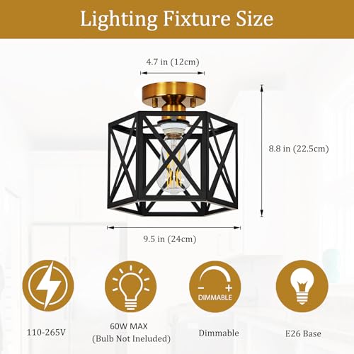 Black and Gold Modern Farmhouse Metal Semi Flush Mount Ceiling Light 9.5 in