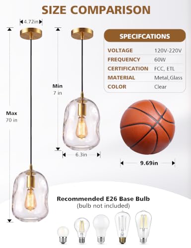 2 Pack Pendant Lights Kitchen Island (Gold+Clear 2 Pack)