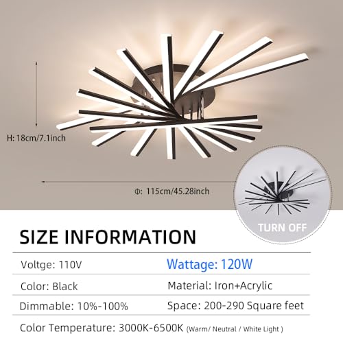 9 Lights Linear Modern Ceiling Lamp 45.3 inch Dimmable Led Semi Flush Mount Black Spiral Ceiling Light Fixture for Bedroom Dining Room Kitchen Island Living Room