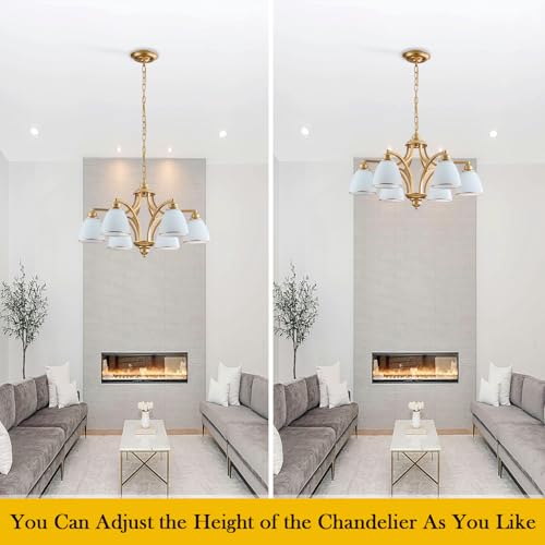 6 Light Modern Gold Chandelier with Frosted Glass Lampshade Height Adjustable Max 47" Hanging Ceilling Light for Dining Room Entryway Hallway Kitchen Foyer