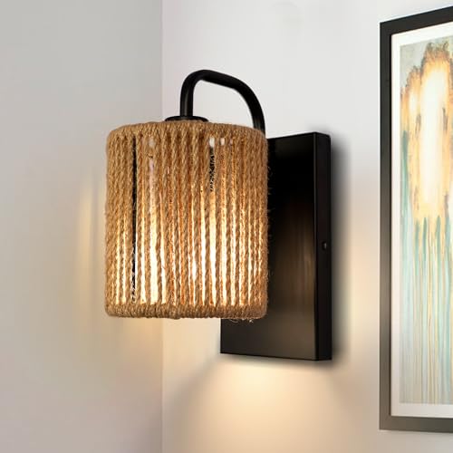 Boho Wall Sconce Rattan Wall Light Fixtures Hemp Rope Sconces