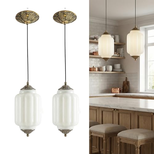 2 Pack Vintage Milk Glass Pendant Lights Kitchen