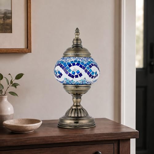 Turkish Moroccan Table Lamp Lantern with Handmade Mosaic Glass Lampshade Tiffany Style Bohemian Stained Glass Decorative Desk Lamps Bedside Night Lights for Bedroom