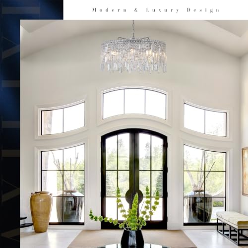 Large Crystal Chandelier 30'' Chrome Modern Chandelier for Dining Room 10 Light Drum Chandelier Luxury K9 Raindrop Crystal Ceiling Pendant Fixtures for Living Room Bedroom Staircase Foyer