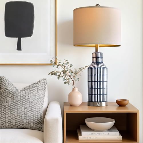 25" Modern 3 Way Dimmable Touch Control with USB A+C Ceramic Lamps Set of 2 Table Lamp for Living Room Bedroom Farmhouse Nightstand Bedside Blue (2 Count)
