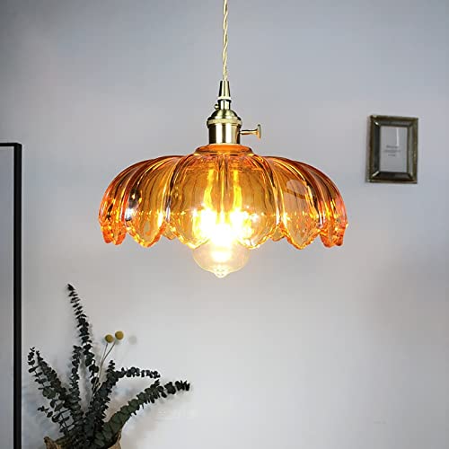 Amber Glass Pendant Light Fixtures Medium 9.8 Inches Lampshade Gold Brass Finish and Switch Vintage Pendant Ceiling Lamp Copper Pendant Lighting