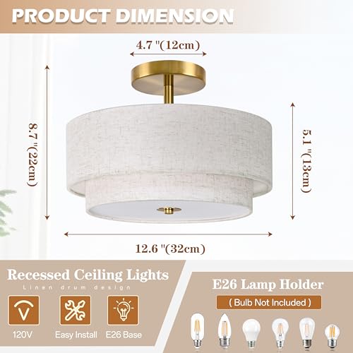 2 Light Semi Flush Mount Ceiling Light Fixture 12.6 Inch Modern Gold Drum Lights Fixture with 2