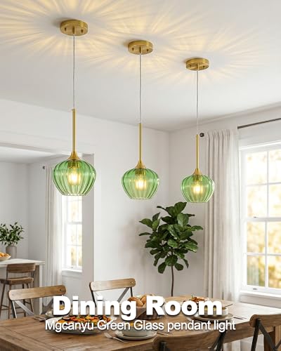 Green Glass Pendant Lights Kitchen Island with Brushed Gold Finish