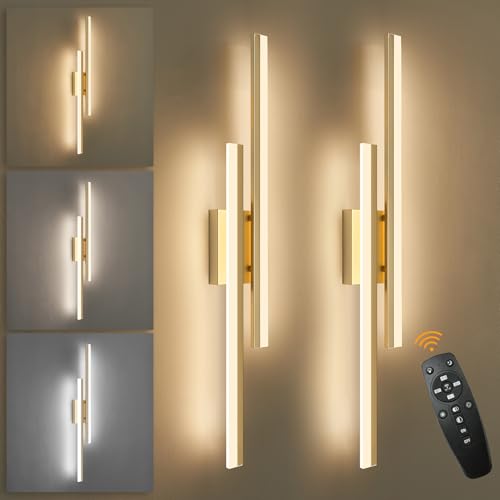 LED Wall Sconce Set of 2 Gold Remote Modern LED Vanity Lights Set of 2 Indoor Wall Light Fixtures for Living Room (2 Count)