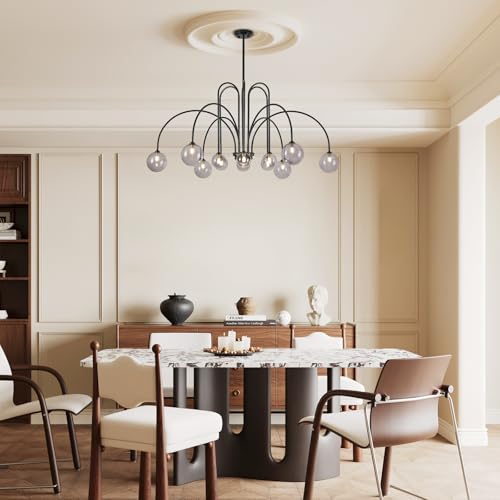 Black Sputnik Chandelier with Smoke Glass Globe 12 Lights L52 Inch