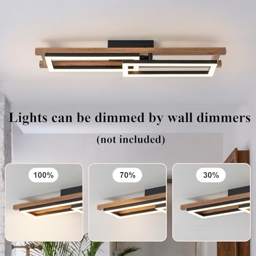 27.5" LED Modern Ceiling Lights Wooden Square Rectangular Lamp Fixture Wood
