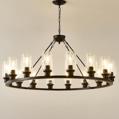 Black Wagon Wheel Chandelier 40 Inch Modern Farmhouse Glass Pendant Light 16 (16 Count)