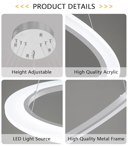 Modern LED Chandelier 3 Ring Chandelier for Dining Room Living Room Pendant Lighting High Ceiling Hanging Light Fixture for Bedroom Foyer Silver