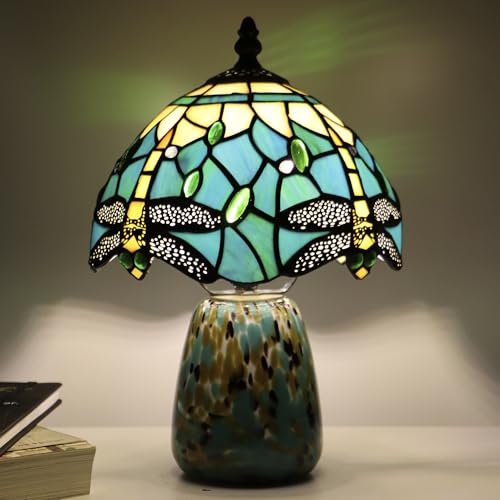 Tiffany Mushroom Table Lamp Dragonfly Style Blue Yellow Stained Glass Accent Lamp Brown Blue Glass Base 8X8X12 Inch