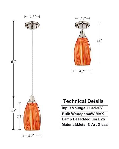 Art Glass Mini Pendant Lights for Kithen Island Blown Glass Pendant Lighting Shade with Brushed Nickel Finish 3Pack Hanging Pendant Light Kitchen Counter