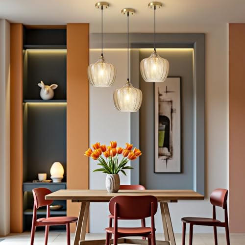 Amber Glass Pendant Lights Kitchen Island Gold Hanging Ceiling Light 9.45"