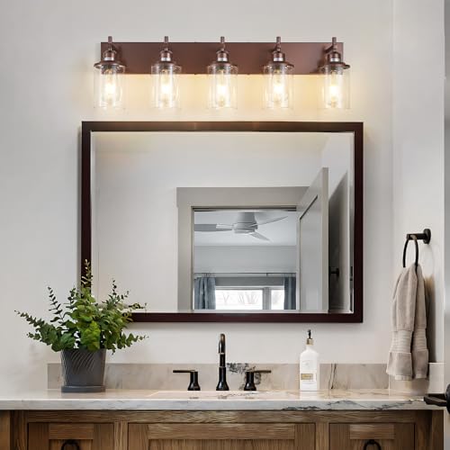 5 Light Bronze Bathroom Light Fixtures Over Mirror