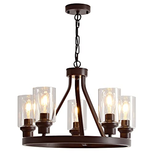 Farmhouse Chandelier Lighting Round 5 Lights Oil Rubbed Bronze with Glass Shade Ceiling Hanging Vintage Rustic Light Fixture for Dining Room Living Room Foyer Porch Kitchen Island