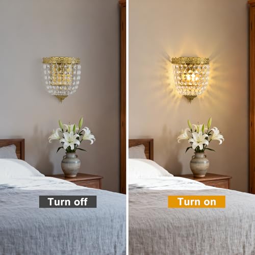 Vintage Crystal Wall Sconces Set of 2 Hardwired Brushed Brass Finish (2 Count)