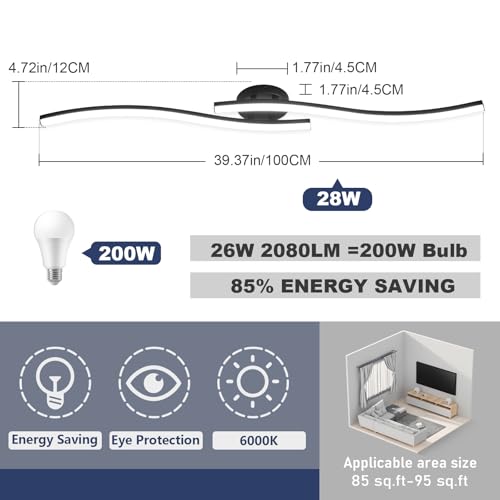 39.37Inch Linear Ceiling Light 6000K Black Modern Ceiling Light Fixture 28W Long Flush Mount Ceiling Lamp for Hallway (2 Count)