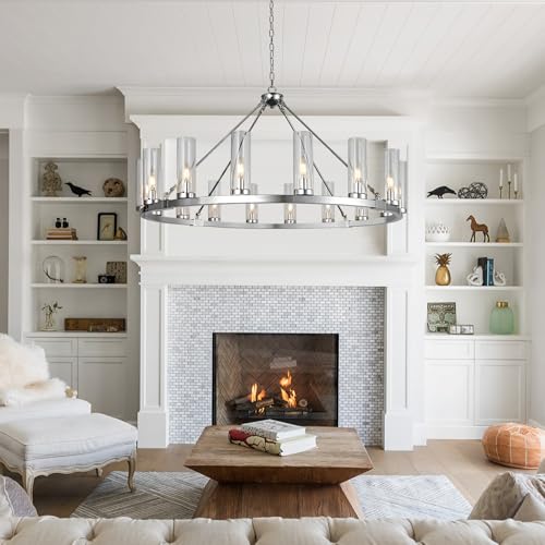 16 Light Large Wagon Wheel Chandelier with Clear Glass Shade Chrome Round Pendant Light Farmhouse Industrial Chandeliers Dining Room Light Fixture for Stair Living Room Foyer Kitchen