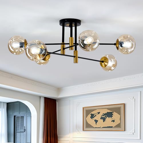 6 Lights Sputnik Ceiling Light Fixture Mid Century Modern Glass Globe Flush Mount Chandelier Black and Gold Farmhouse Lighting for Living Room Dining Room Bedroom Kitchen